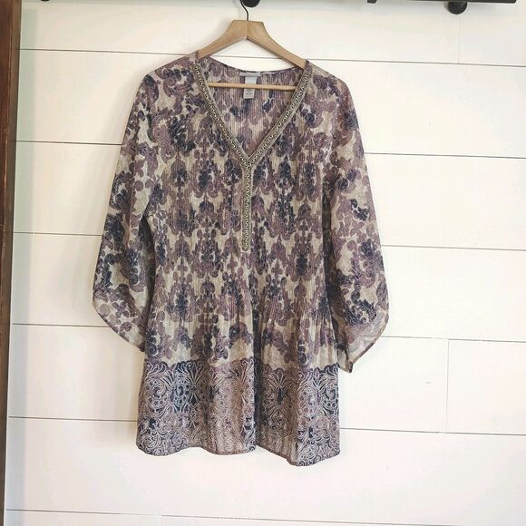 Catherines Tops - Catherines Womens Artsy Pleated Beaded Tunic Top Size 2X Purple Lightweight